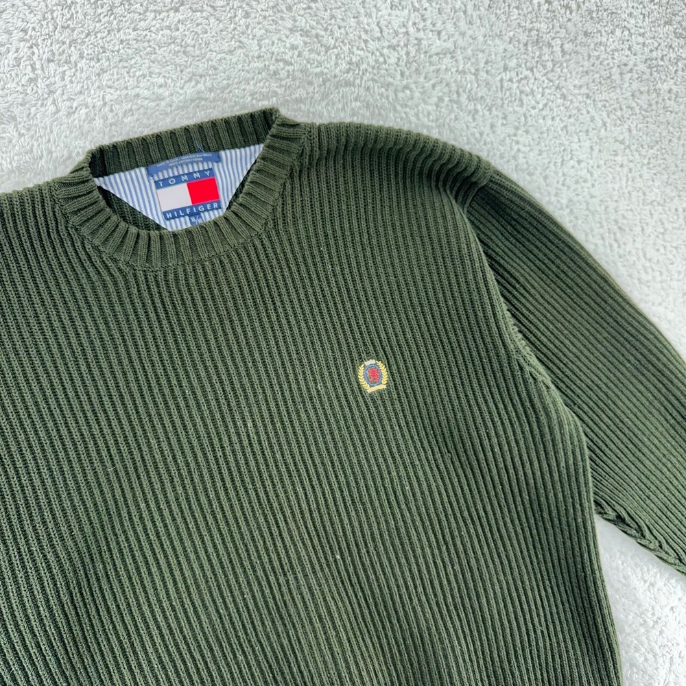 vintage TOMMY HILFIGER GREEN RIBBED KNIT Cotton SWEATER Fits like LARGE